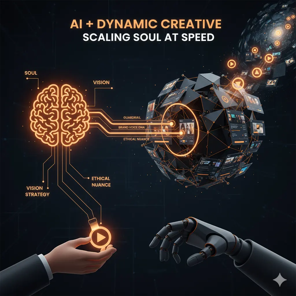 A futuristic infographic showing the connection between a glowing human brain (Soul, Vision) and a dynamic sphere of digital content, emphasizing "AI + Dynamic Creative: Scaling Soul at Speed." This represents the approach of a digital marketing expert in Dubai