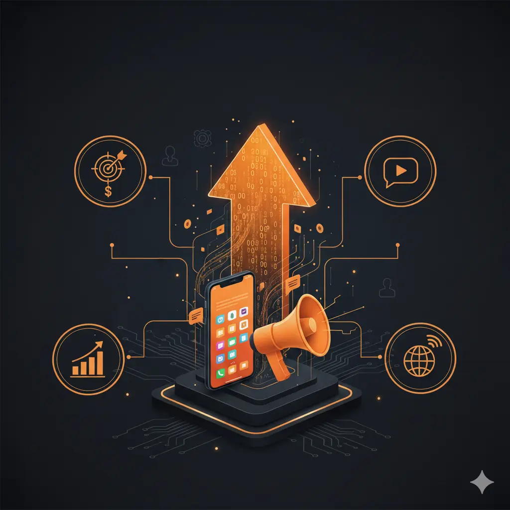 Digital marketing strategy graphic illustrating growth, mobile marketing, and targeting. Services provided by a digital marketing expert in Dubai