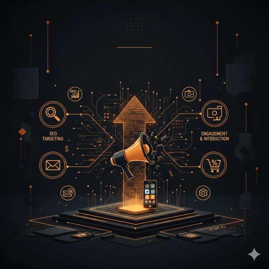 Visual representation of a comprehensive digital marketing ecosystem, including SEO and engagement tools. Developed by a digital marketing expert in Dubai