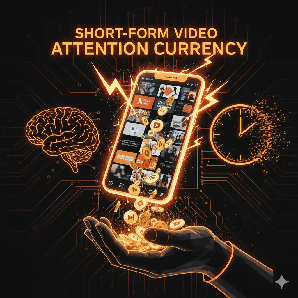 High-tech graphic titled "Short-Form Video Attention Currency," showing a smartphone converting attention into golden coins held in an outstretched hand. This illustrates the revenue strategy used by a digital marketing expert in Dubai
