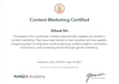 The hubspot academy certificate, representing Nihaal's certification as a skilled digital marketing expert in Dubai
