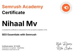 The semrush academy certificate, representing Nihaal's certification as a skilled digital marketing expert in Dubai
